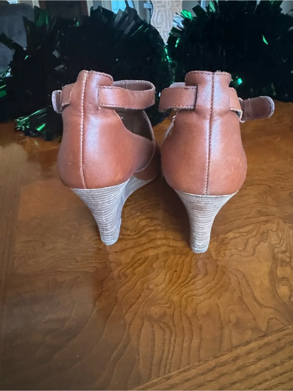 Ralph Lauren Cognac Cutout Wedge Peep Toe Sandals with Ankle Buckle